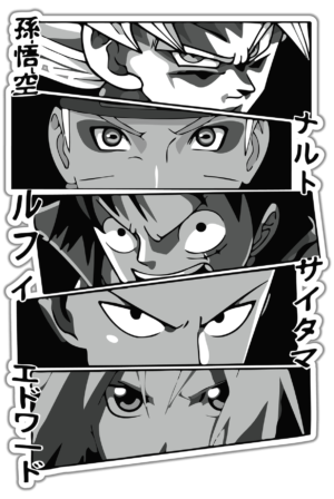 goku, naruto, luffy, saitama lipdukas